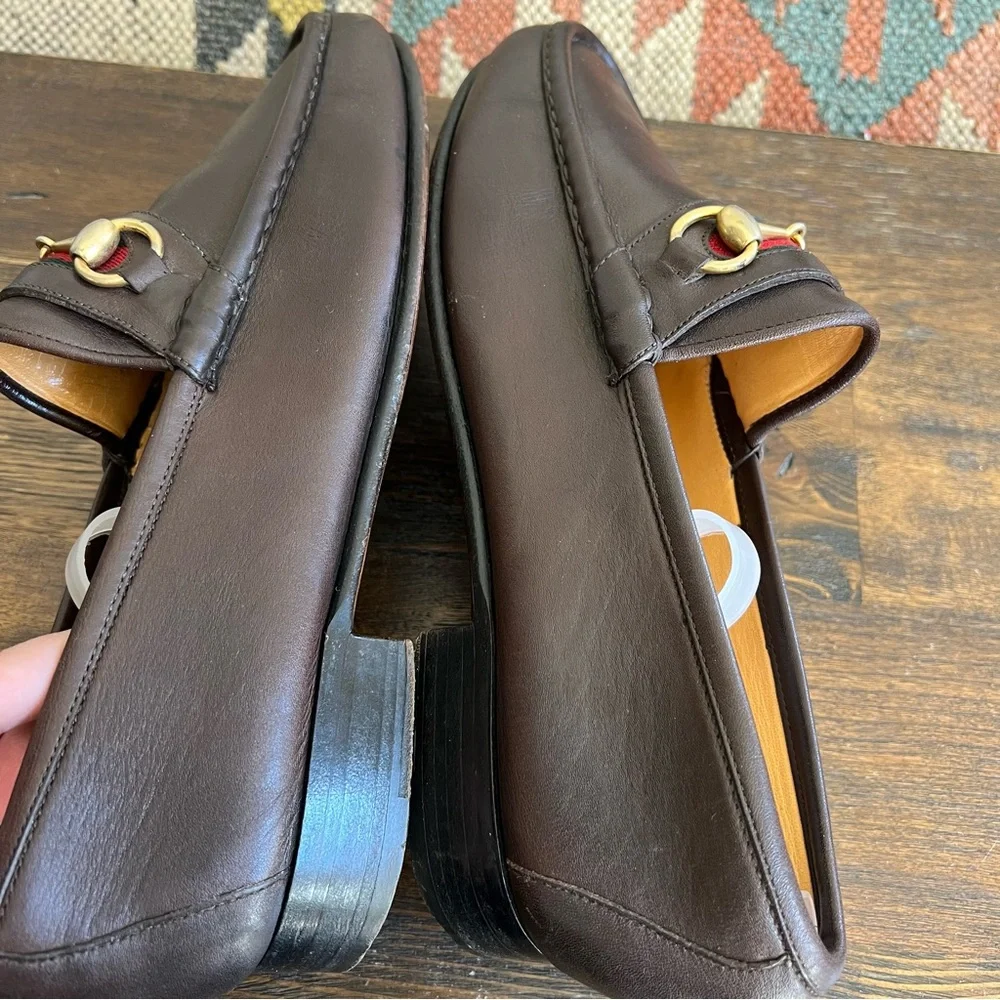 GUCCI Brow Leather Web Detail Horsebit Loafers EU41.5 US8